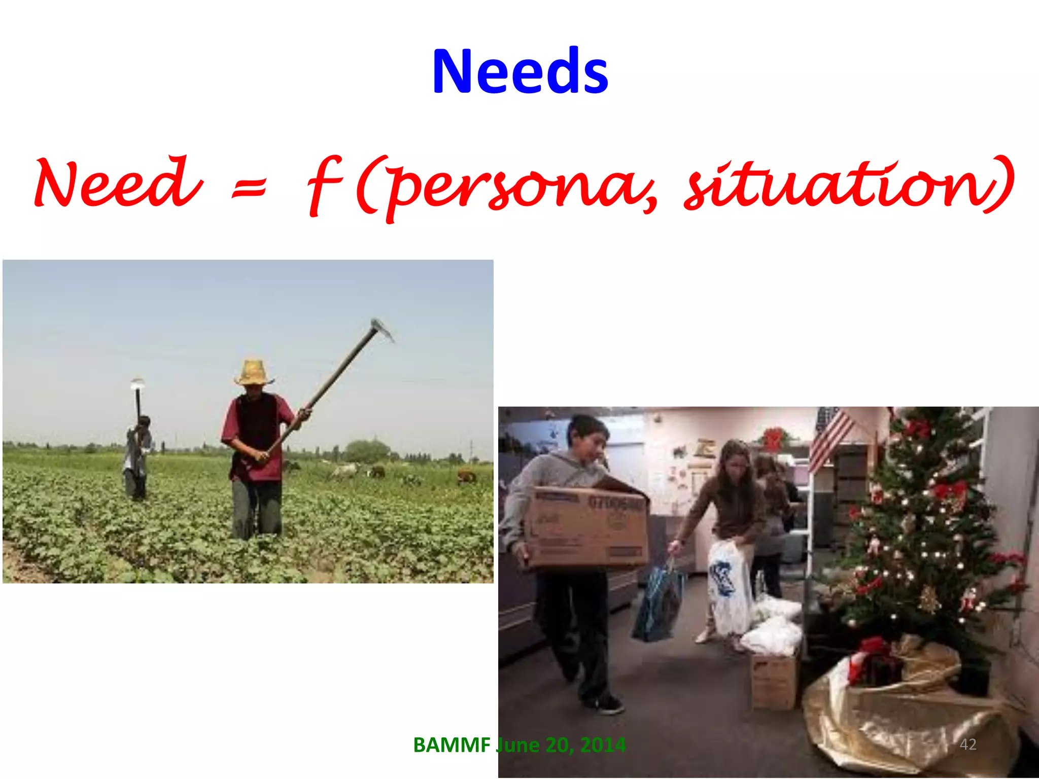 Needs	
  
Need = f (persona, situation)
BAMMF	
  June	
  20,	
  2014	
   42	
  
 
