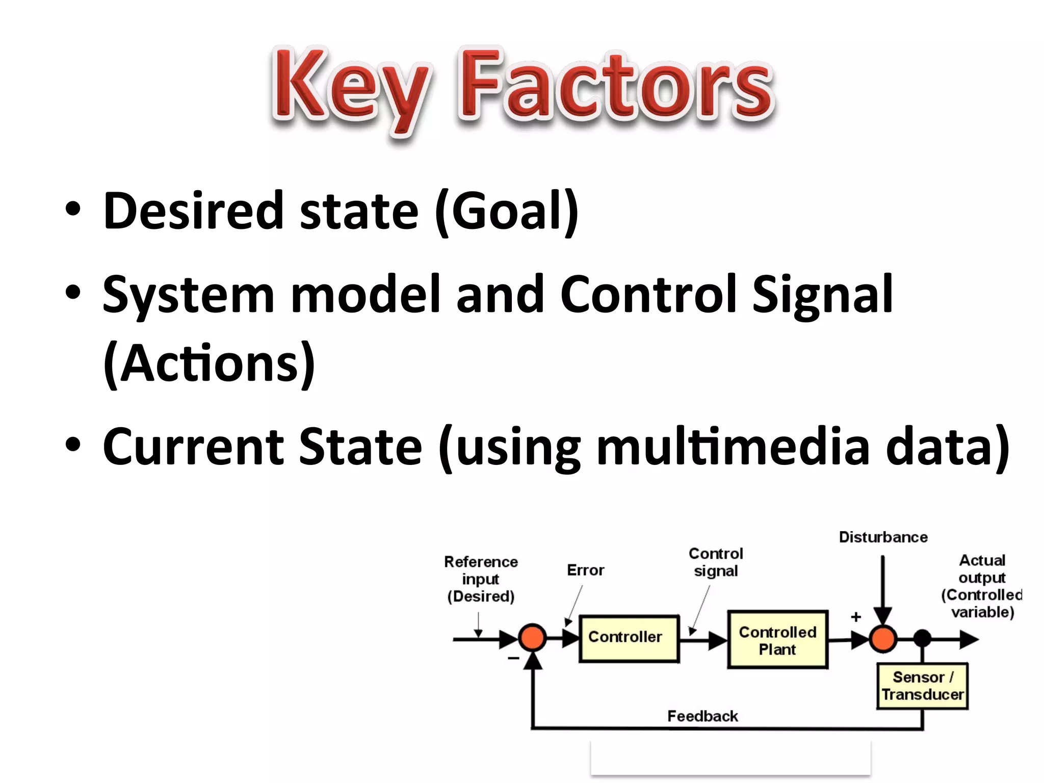 •  Desired	
  state	
  (Goal)	
  
•  System	
  model	
  and	
  Control	
  Signal	
  
(AcAons)	
  
•  Current	
  State	
  (using	
  mulAmedia	
  data)	
  
 