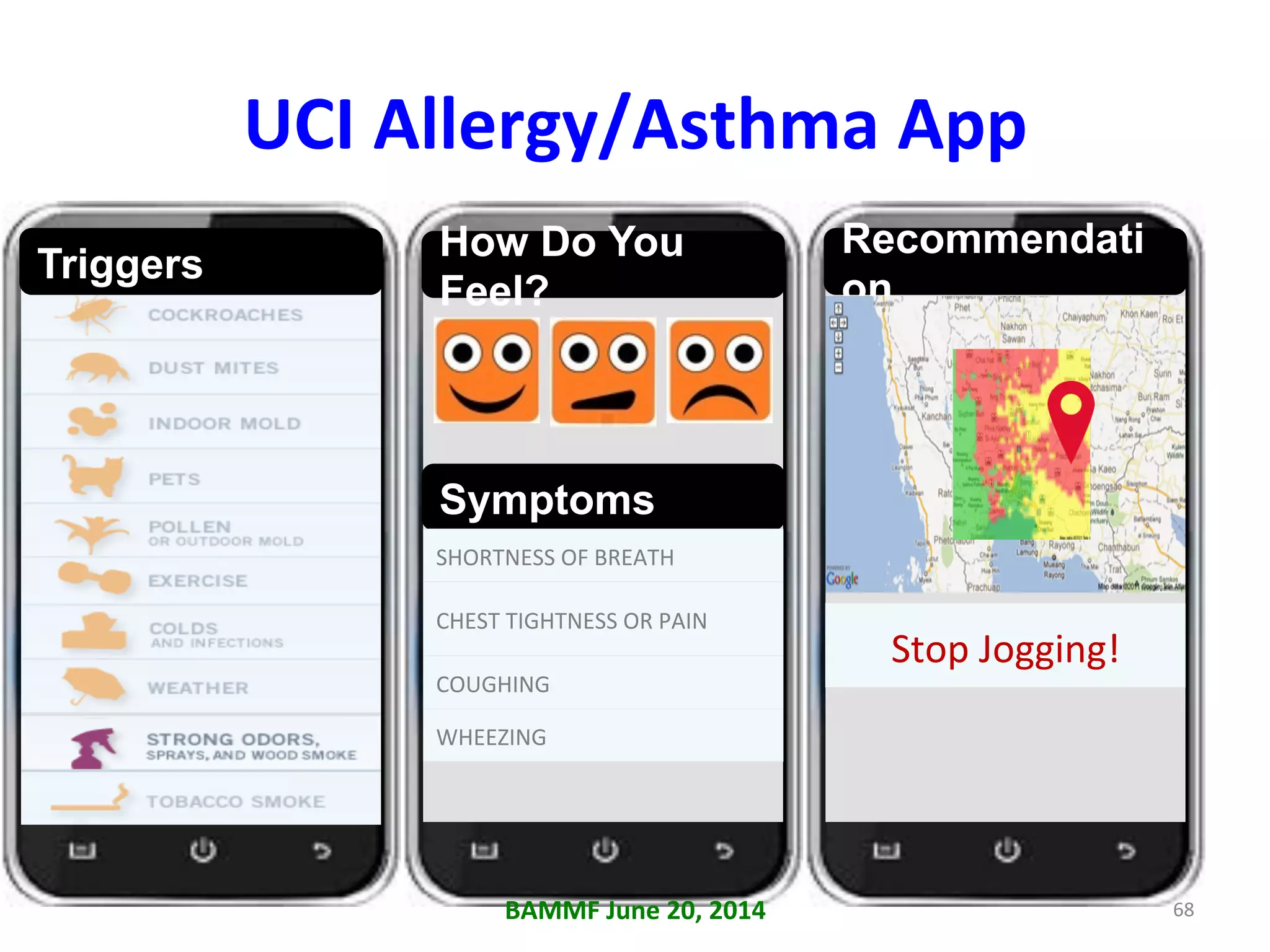 UCI	
  Allergy/Asthma	
  App	
  
Triggers	
  
Recommendati
on	
  
Stop	
  Jogging!	
  
Symptoms	
  
SHORTNESS	
  OF	
  BREATH	
  
CHEST	
  TIGHTNESS	
  OR	
  PAIN	
  
COUGHING	
  
WHEEZING	
  
How Do You
Feel?	
  
BAMMF	
  June	
  20,	
  2014	
   68	
  
 