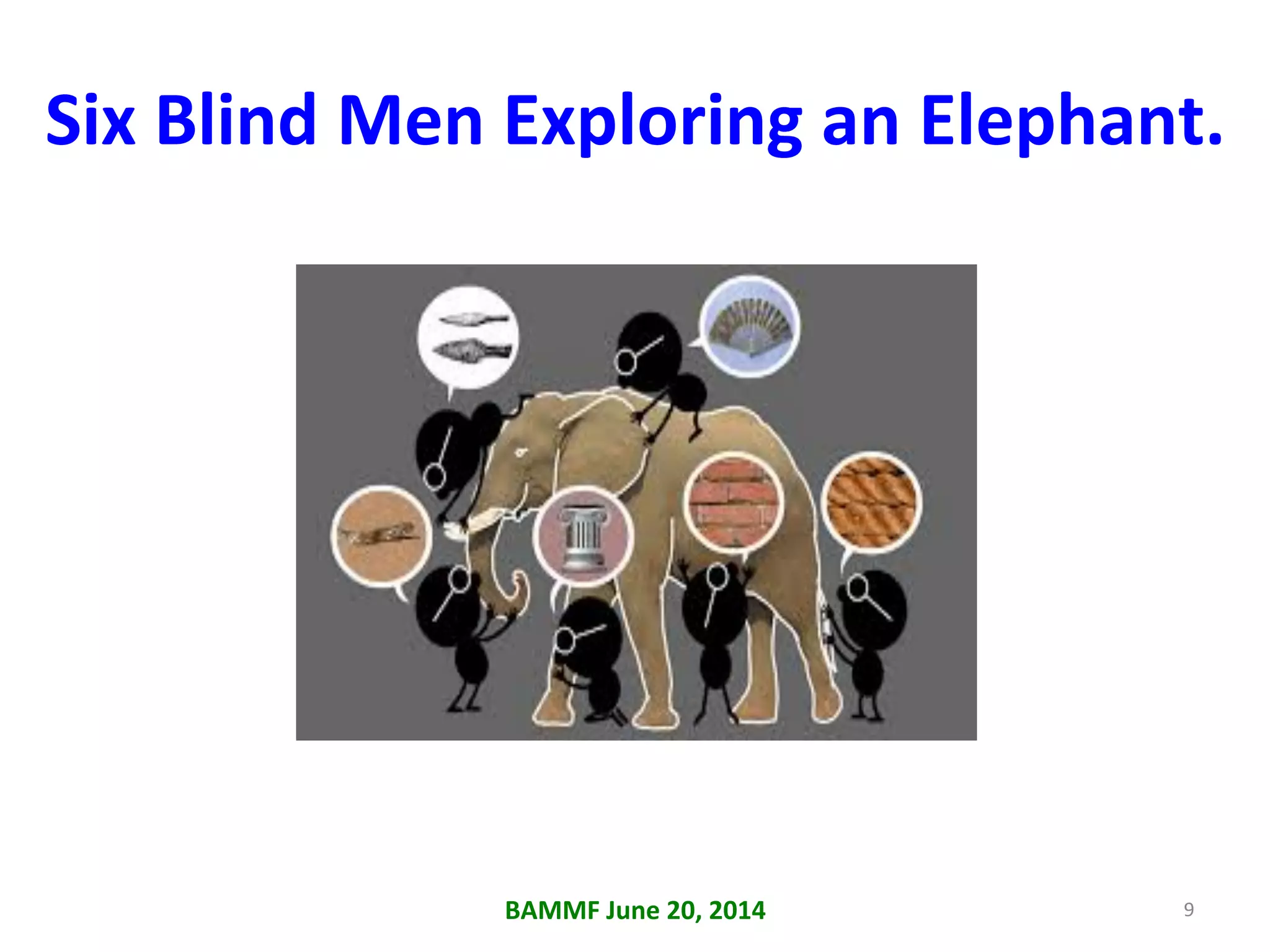 BAMMF	
  June	
  20,	
  2014	
   9	
  
Six	
  Blind	
  Men	
  Exploring	
  an	
  Elephant.	
  
 