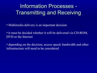 Information Processes - Transmitting and Receiving Multimedia delivery is an important decision it must be decided whether it will be delivered via CD-ROM, DVD or the Internet depending on the decision, access speed, bandwidth and other infrastructure will need to be considered 