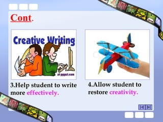 Cont.

3.Help student to write
more effectively.

4.Allow student to
restore creativity.

 