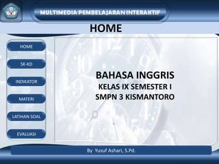 HOME
   HOME


   SK-KD


 INDIKATOR
                  BAHASA INGGRIS
                   KELAS IX SEMESTER I
  MATERI          SMPN 3 KISMANTORO

LATIHAN SOAL


  EVALUASI


               By Yusuf Ashari, S.Pd.
 