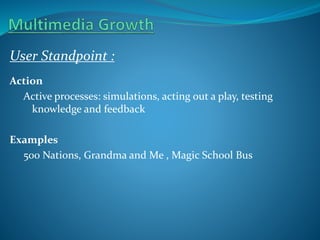 User Standpoint :
Action
Active processes: simulations, acting out a play, testing
knowledge and feedback
Examples
500 Nations, Grandma and Me , Magic School Bus

 
