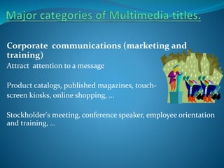 Corporate communications (marketing and
training)
Attract attention to a message

Product catalogs, published magazines, touchscreen kiosks, online shopping, …
Stockholder's meeting, conference speaker, employee orientation
and training, …

 