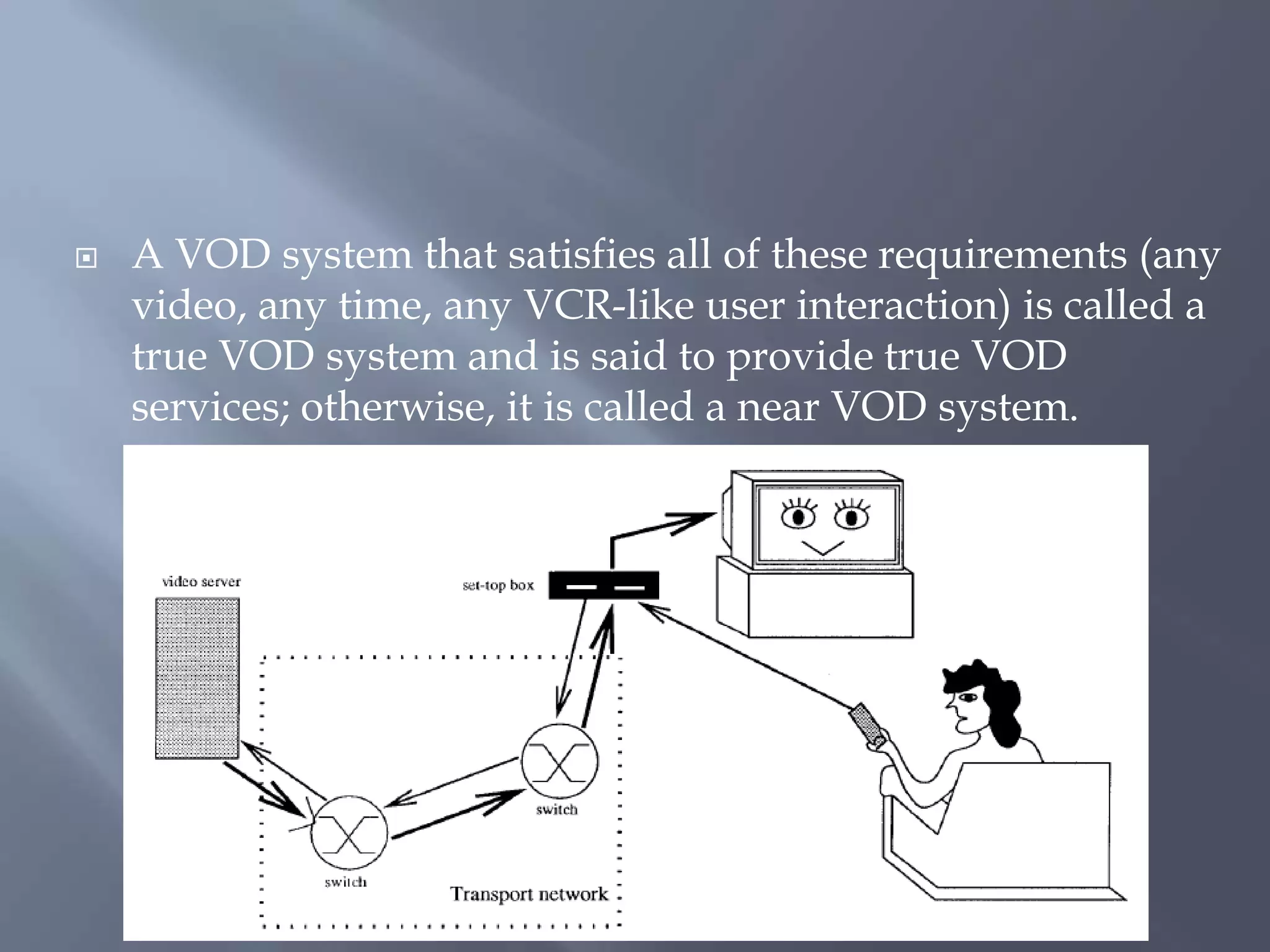  A VOD system that satisfies all of these requirements (any
video, any time, any VCR-like user interaction) is called a
true VOD system and is said to provide true VOD
services; otherwise, it is called a near VOD system.
 