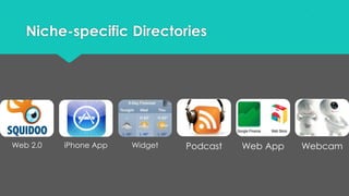 Niche-specific Directories
Web 2.0 iPhone App Widget Podcast Web App Webcam
 