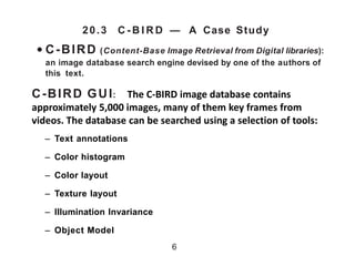 20.3 C - B I R D — A Case Study
• C-BIRD (Content-Base Image Retrieval from Digital libraries):
an image database search engine devised by one of the authors of
this text.
C-BIRD GUI: The C-BIRD image database contains
approximately 5,000 images, many of them key frames from
videos. The database can be searched using a selection of tools:
– Text annotations
– Color histogram
– Color layout
– Texture layout
– Illumination Invariance
– Object Model
6
 