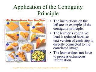 Application of the Contiguity Principle The instructions on the left are an example of the contiguity principle. The learner’s cognitive load is reduced because text version of each step is directly connected to the correlated image. The learner does not have to process extraneous information.  Image CC Sandcastlematt  http://www.flickr.com/photos/sandcastlematt/1433606432/ 
