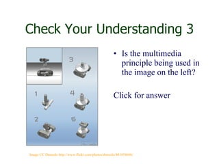 Check Your Understanding 3 Is the multimedia principle being used in the image on the left? Click for answer Image CC Donsolo http://www.flickr.com/photos/donsolo/481054606/ 