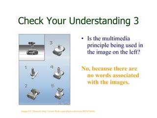 Check Your Understanding 3 Is the multimedia principle being used in the image on the left? No, because there are no words associated with the images. Image CC Donsolo http://www.flickr.com/photos/donsolo/481054606/ 