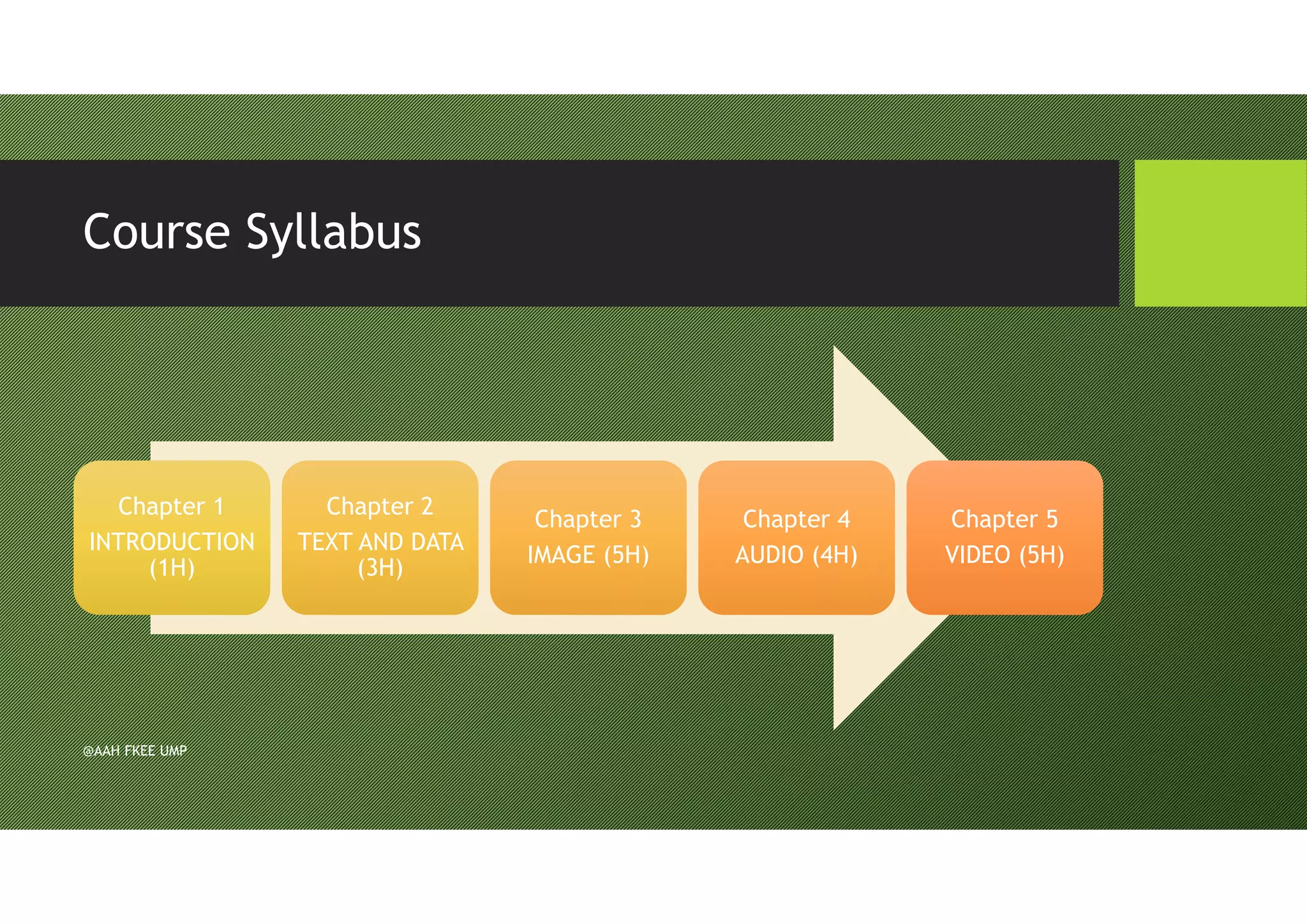 Course Syllabus
Chapter 1
INTRODUCTION
(1H)
Chapter 1
INTRODUCTION
(1H)
Chapter 2
TEXT AND DATA
(3H)
Chapter 2
TEXT AND DATA
(3H)
Chapter 3
IMAGE (5H)
Chapter 3
IMAGE (5H)
Chapter 4
AUDIO (4H)
Chapter 4
AUDIO (4H)
Chapter 5
VIDEO (5H)
Chapter 5
VIDEO (5H)
@AAH FKEE UMP
 