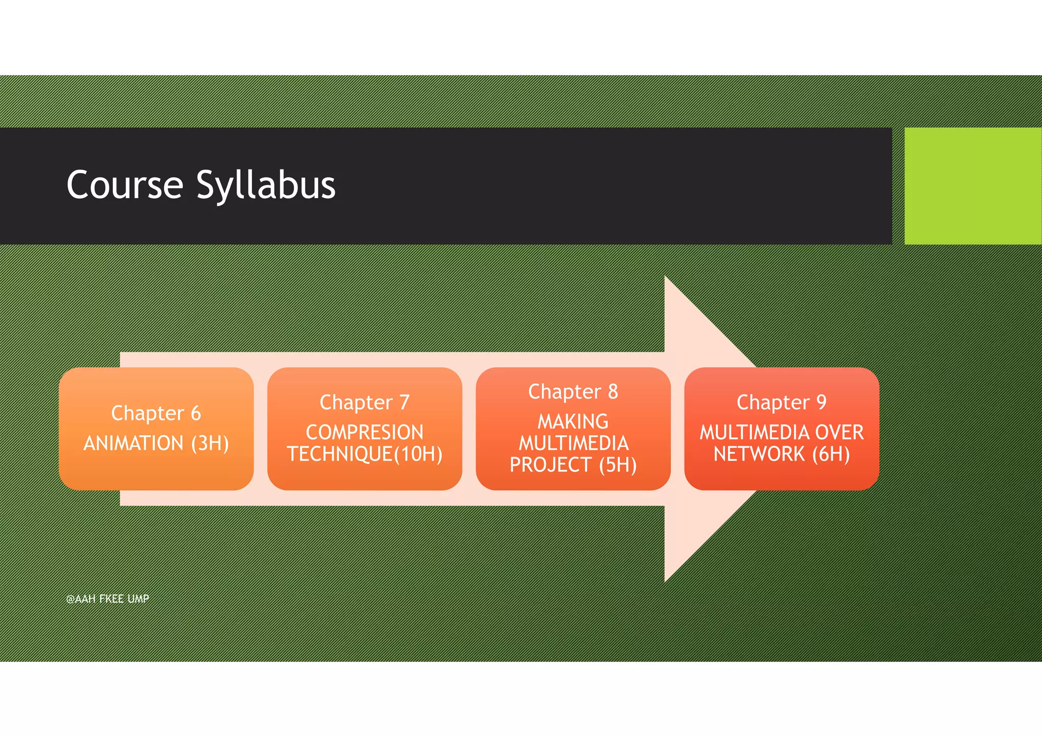 Course Syllabus
Chapter 6
ANIMATION (3H)
Chapter 6
ANIMATION (3H)
Chapter 7
COMPRESION
TECHNIQUE(10H)
Chapter 7
COMPRESION
TECHNIQUE(10H)
Chapter 8
MAKING
MULTIMEDIA
PROJECT (5H)
Chapter 8
MAKING
MULTIMEDIA
PROJECT (5H)
Chapter 9
MULTIMEDIA OVER
NETWORK (6H)
Chapter 9
MULTIMEDIA OVER
NETWORK (6H)
@AAH FKEE UMP
 