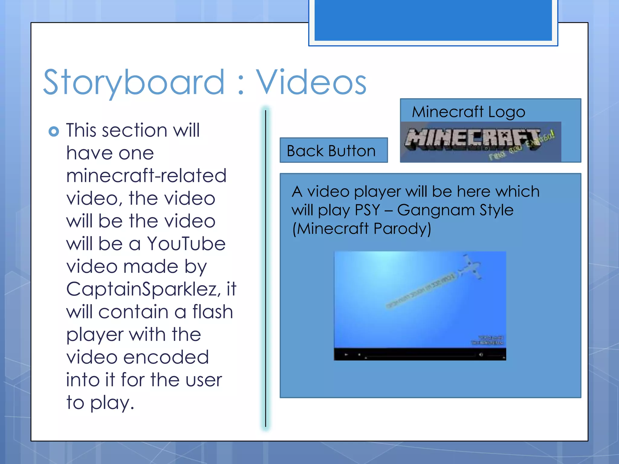 Storyboard : Videos
 This section will
have one
minecraft-related
video, the video
will be the video
will be a YouTube
video made by
CaptainSparklez, it
will contain a flash
player with the
video encoded
into it for the user
to play.
Back Button
Minecraft Logo
A video player will be here which
will play PSY – Gangnam Style
(Minecraft Parody)
 
