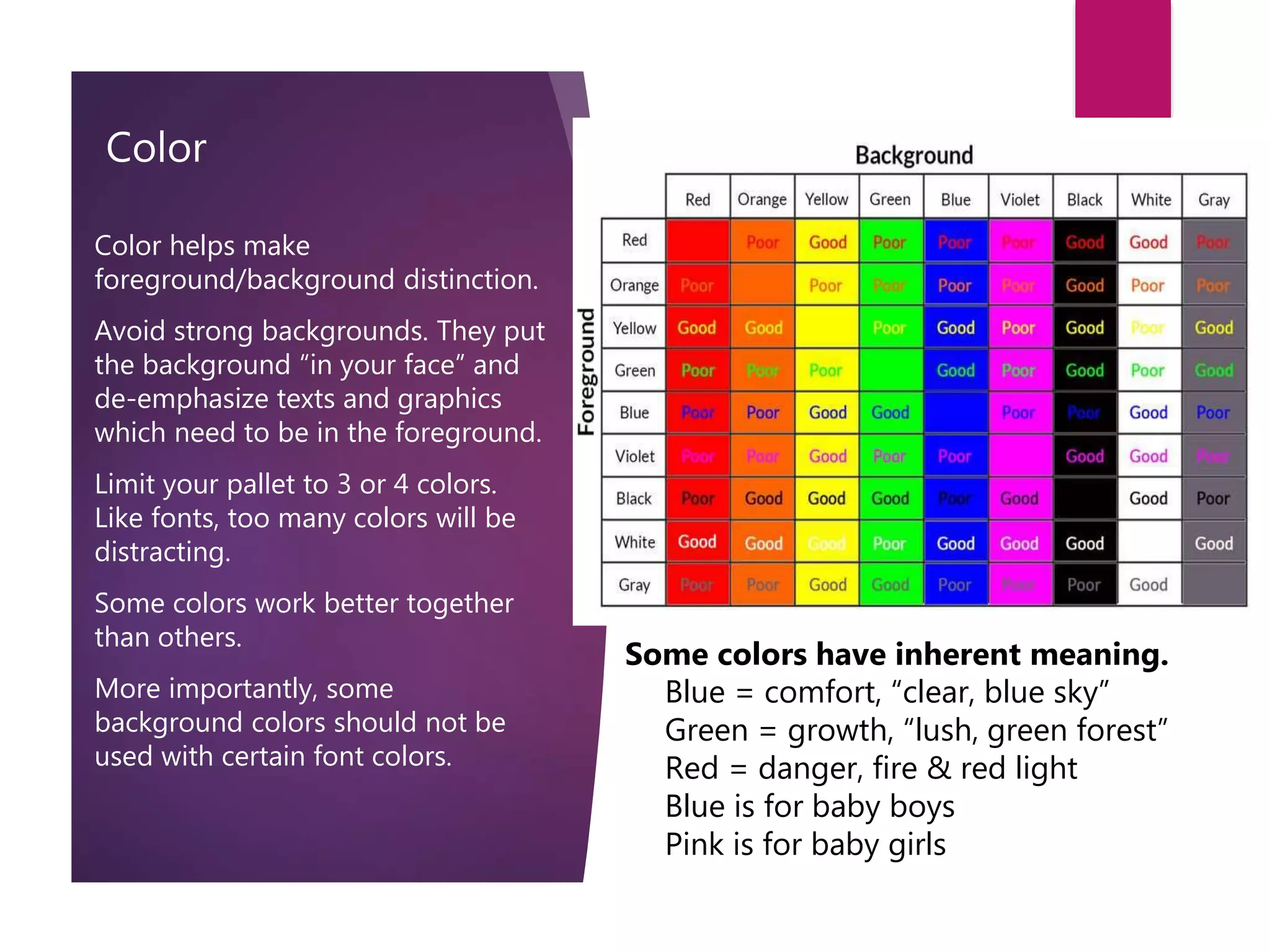 Color
Color helps make
foreground/background distinction.
Avoid strong backgrounds. They put
the background “in your face” and
de-emphasize texts and graphics
which need to be in the foreground.
Limit your pallet to 3 or 4 colors.
Like fonts, too many colors will be
distracting.
Some colors work better together
than others.
More importantly, some
background colors should not be
used with certain font colors.
Some colors have inherent meaning.
• Blue = comfort, “clear, blue sky”
• Green = growth, “lush, green forest”
• Red = danger, fire & red light
• Blue is for baby boys
• Pink is for baby girls
 