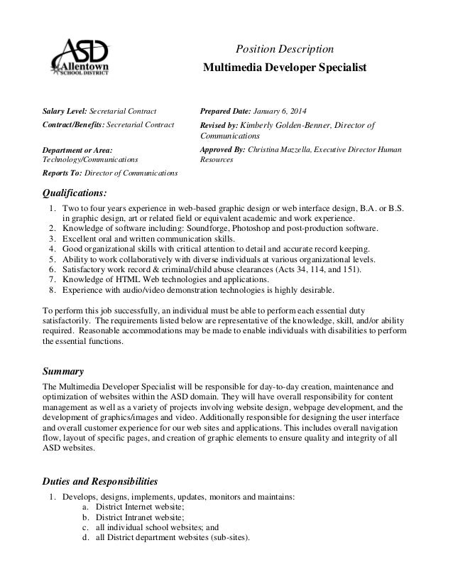 Multimedia Developer Specialist job description