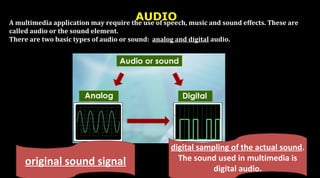 AUDIOA multimedia application may require the use of speech, music and sound effects. These are
called audio or the sound element.
There are two basic types of audio or sound: analog and digital audio.
original sound signal
digital sampling of the actual sound.
The sound used in multimedia is
digital audio.
 