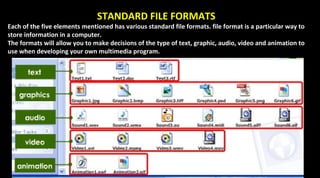 STANDARD FILE FORMATS
Each of the five elements mentioned has various standard file formats. file format is a particular way to
store information in a computer.
The formats will allow you to make decisions of the type of text, graphic, audio, video and animation to
use when developing your own multimedia program.
 