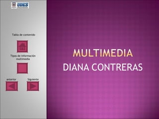 DIANA CONTRERAS Tabla de contenido Tipos de información multimedia Siguiente anterior 