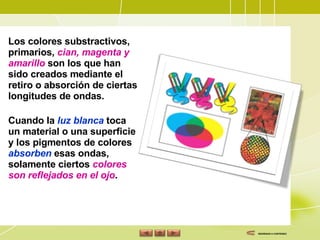 Los colores substractivos, primarios,  cian, magenta y amarillo  son los que han sido creados mediante el retiro o absorción de ciertas longitudes de ondas. Cuando la  luz blanca  toca un material o una superficie y los pigmentos de colores  absorben  esas ondas, solamente ciertos  colores son reflejados en el ojo .  REGRESAR A CONTENIDO 