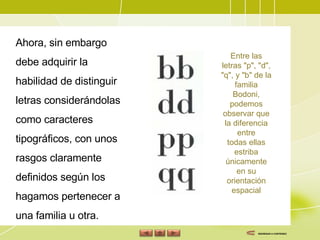 Ahora, sin embargo debe adquirir la habilidad de distinguir letras considerándolas como caracteres tipográficos, con unos rasgos claramente definidos según los hagamos pertenecer a una familia u otra. Entre las letras "p", "d", "q", y "b" de la familia Bodoni, podemos observar que la diferencia entre todas ellas estriba únicamente en su orientación espacial REGRESAR A CONTENIDO 
