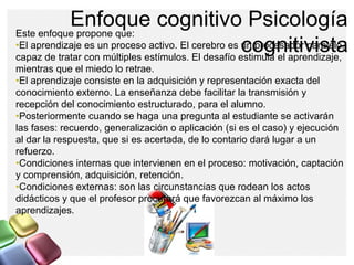 Enfoque cognitivo Psicología
cognitivista
Este enfoque propone que:
•El aprendizaje es un proceso activo. El cerebro es un...