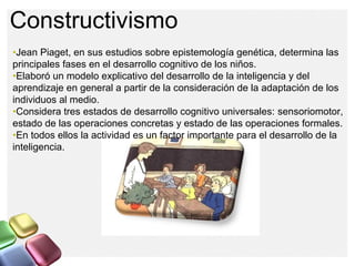 Constructivismo
•Jean Piaget, en sus estudios sobre epistemología genética, determina las
principales fases en el desarrol...