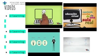 Universidad veracruzana
multimedia educativa
VIDEOS
● e-learning
● b-learning
● m-learning
● v-learning
 