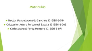 Matriculas
 Hector Manuel Acevedo Sanchez 13-EISN-6-054
 Cristopher Arturo Portorreal Zabala 13-EISN-6-065
 Carlos Manuel Pérez Montero 13-EISN-6-071
 