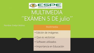 MULTIMEDIA
´´EXÁMEN 5 DE julio´´
Nombre: Evelyn Molina
Multimedia
• Edición de imágenes
• Que es vectorizar
• Software utilizados
• Importancia en Educación
 