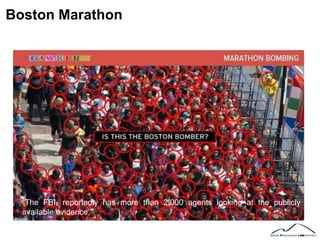 Boston Marathon
“The FBI, reportedly has more than 2,000 agents looking at the publicly
available evidence,”
 