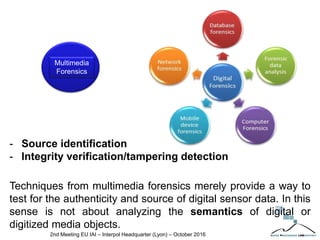 2nd Meeting EU IAI – Interpol Headquarter (Lyon) – October 2016
Multimedia
Forensics
- Source identification
- Integrity verification/tampering detection
Techniques from multimedia forensics merely provide a way to
test for the authenticity and source of digital sensor data. In this
sense is not about analyzing the semantics of digital or
digitized media objects.
 