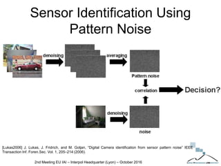 Sensor Identification Using
Pattern Noise
2nd Meeting EU IAI – Interpol Headquarter (Lyon) – October 2016
[Lukas2006] J. Lukas, J. Fridrich, and M. Goljan, “Digital Camera identification from sensor pattern noise” IEEE
Transaction Inf. Foren.Sec. Vol. 1, 205–214 (2006).
 