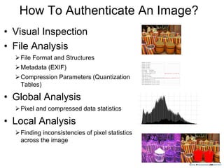 How To Authenticate An Image?
• Visual Inspection
• File Analysis
File Format and Structures
Metadata (EXIF)
Compression Parameters (Quantization
Tables)
• Global Analysis
Pixel and compressed data statistics
• Local Analysis
Finding inconsistencies of pixel statistics
across the image
 