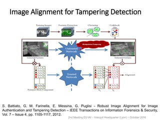 Image Alignment for Tampering Detection
2nd Meeting EU IAI – Interpol Headquarter (Lyon) – October 2016
S. Battiato, G. M. Farinella, E. Messina, G. Puglisi - Robust Image Alignment for Image
Authentication and Tampering Detection – IEEE Transactions on Information Forensics & Security,
Vol. 7 – Issue 4, pp. 1105-1117, 2012.
 
