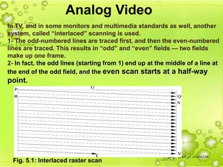 20
Analog Video
In TV, and in some monitors and multimedia standards as well, another
system, called “interlaced” scanning is used.
1- The odd-numbered lines are traced first, and then the even-numbered
lines are traced. This results in “odd” and “even” fields — two fields
make up one frame.
2- In fact, the odd lines (starting from 1) end up at the middle of a line at
the end of the odd field, and the even scan starts at a half-way
point.
Fig. 5.1: Interlaced raster scan
 