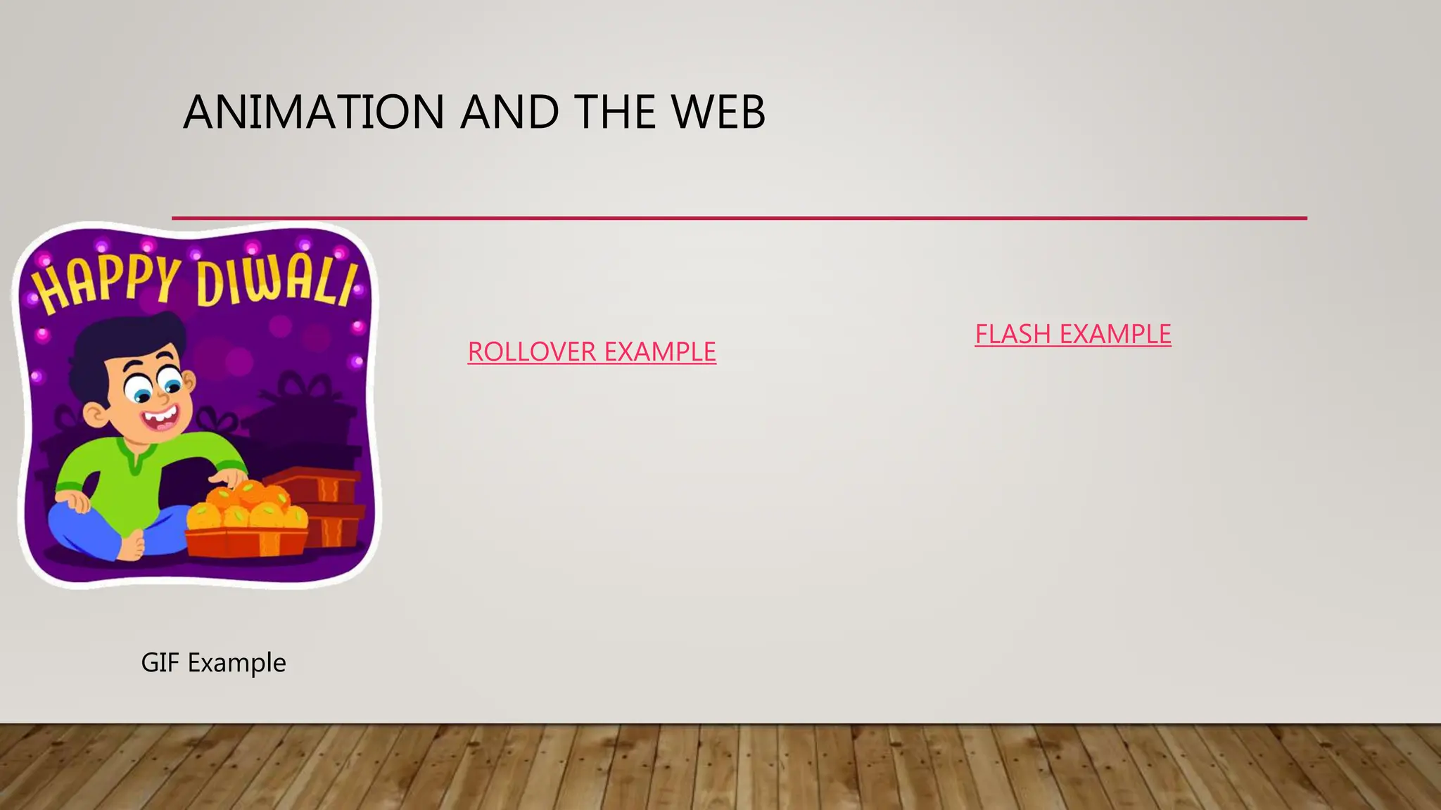 ANIMATION AND THE WEB
ROLLOVER EXAMPLE
GIF Example
FLASH EXAMPLE
 