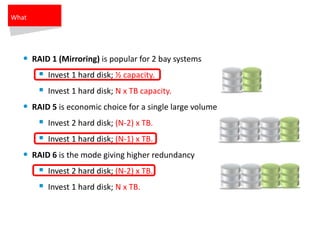 V
• RAID 1 (Mirroring) is popular for 2 bay systems
 Invest 1 hard disk; ½ capacity.
 Invest 1 hard disk; N x TB capacity.
• RAID 5 is economic choice for a single large volume
 Invest 2 hard disk; (N-2) x TB.
 Invest 1 hard disk; (N-1) x TB.
• RAID 6 is the mode giving higher redundancy
 Invest 2 hard disk; (N-2) x TB.
 Invest 1 hard disk; N x TB.
What
 