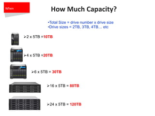How Much Capacity?
•Total Size = drive number x drive size
•Drive sizes = 2TB, 3TB, 4TB… etc
2 x 5TB =10TB
4 x 5TB =20TB
6 x 5TB = 30TB
16 x 5TB = 80TB
24 x 5TB = 120TB
When
 
