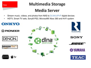 Multimedia Storage
Media Server
• Stream music, videos, and photos from NAS to DLNA/UPnP digital devices
• HDTV, Smart TV sets, Sony® PS3, Microsoft® Xbox 360 and Hi-Fi system
How
 