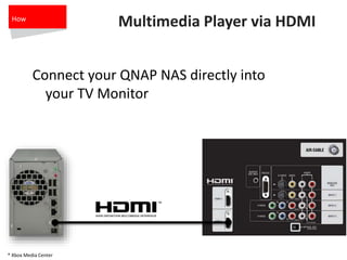 Multimedia Player via HDMI
Connect your QNAP NAS directly into
your TV Monitor
* Xbox Media Center
How
 