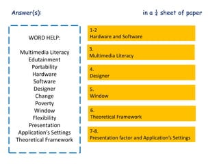 Answer(s): in a ¼ sheet of paper
WORD HELP:
Multimedia Literacy
Edutainment
Portability
Hardware
Software
Designer
Change
Poverty
Window
Flexibility
Presentation
Application’s Settings
Theoretical Framework
1-2
Hardware and Software
3.
Multimedia Literacy
4.
Designer
5.
Window
6.
Theoretical Framework
7-8.
Presentation factor and Application’s Settings
 
