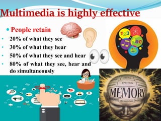 Multimedia is highly effective
 People retain
• 20% of what they see
• 30% of what they hear
• 50% of what they see and hear
• 80% of what they see, hear and
do simultaneously
 