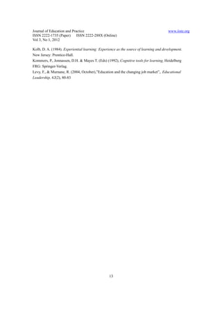 Journal of Education and Practice                                                      www.iiste.org
ISSN 2222-1735 (Paper) ISSN 2222-288X (Online)
Vol 3, No 1, 2012

Kolb, D. A. (1984). Experiential learning: Experience as the source of learning and development.
New Jersey: Prentice-Hall.
Kommers, P., Jonnassen, D.H. & Mayes T. (Eds) (1992), Cognitive tools for learning, Heidelberg
FRG: Springer-Verlag.
Levy, F., & Murnane, R. (2004, October),”Education and the changing job market”,. Educational
Leadership, 62(2), 80-83




                                                 13
 