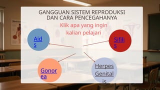 GANGGUAN SISTEM REPRODUKSI
DAN CARA PENCEGAHANYA
Aid
s
Gonor
ea
Sifili
s
Herpes
Genital
is
Klik apa yang ingin
kalian pelajari
 