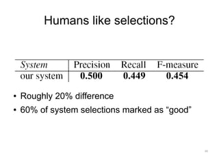 Humans like selections?



                  0.500      0.449    0.454
●   Roughly 20% difference
●   60% of system selections marked as “good”



                                                46
 