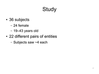 Study
●   36 subjects
    –   24 female
    –   19–43 years old
●   22 different pairs of entities
    –   Subjects saw ~4 each




                                     57
 