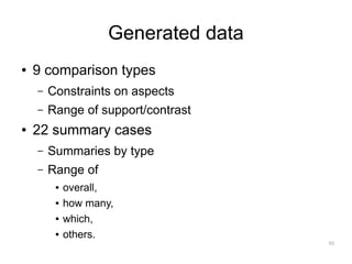 Generated data
●   9 comparison types
    –   Constraints on aspects
    –   Range of support/contrast
●   22 summary cases
    –   Summaries by type
    –   Range of
         ●   overall,
         ●   how many,
         ●   which,
         ●   others.
                                      60
 