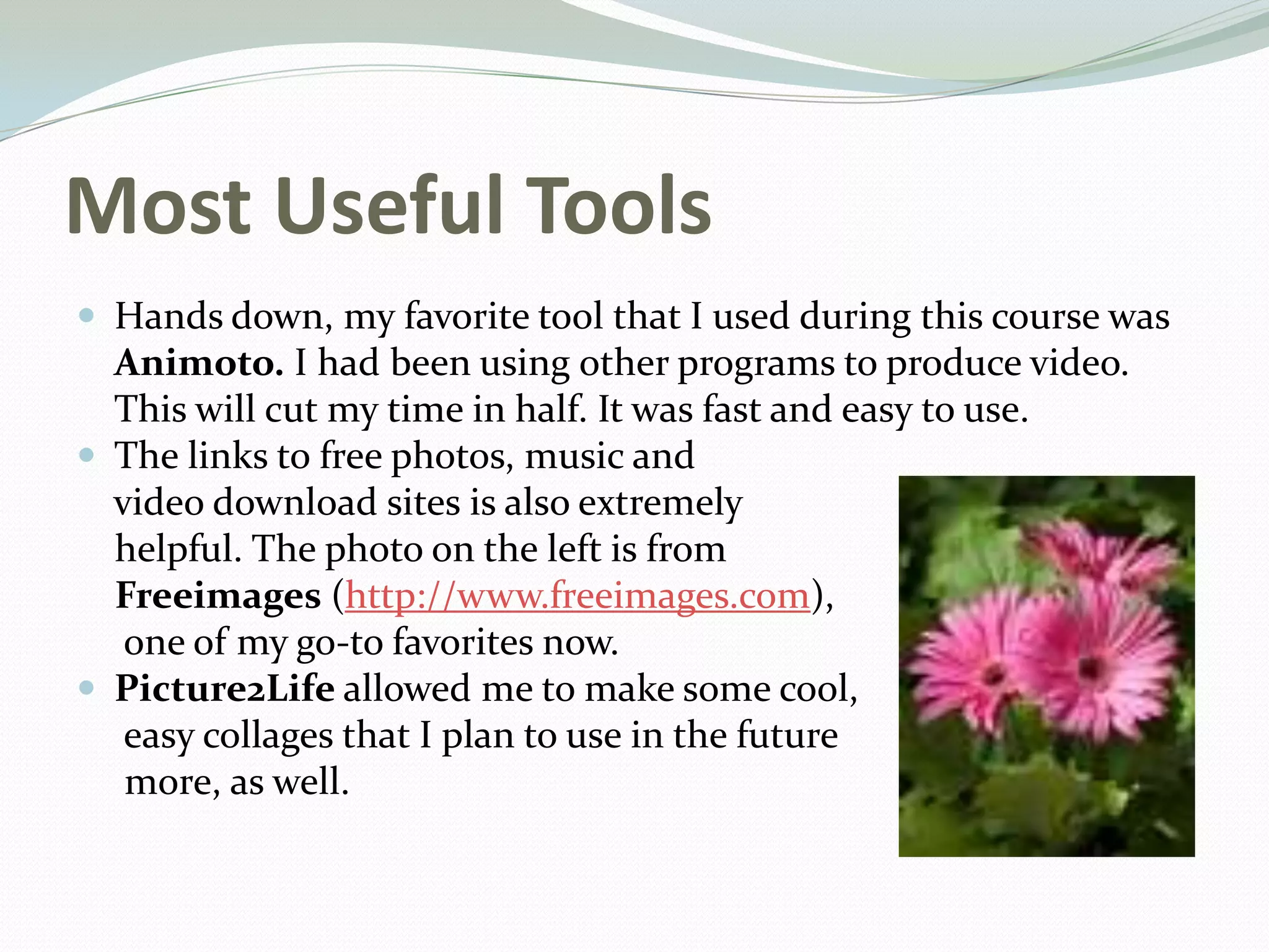 Most Useful Tools
 Hands down, my favorite tool that I used during this course was
Animoto. I had been using other programs to produce video.
This will cut my time in half. It was fast and easy to use.
 The links to free photos, music and
video download sites is also extremely
helpful. The photo on the left is from
Freeimages (http://www.freeimages.com),
one of my go-to favorites now.
 Picture2Life allowed me to make some cool,
easy collages that I plan to use in the future
more, as well.
 