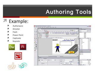 Authoring Tools
 Example:
    Authorware
    Director
    Flash
    Power Point
    Captivate
    Keynote
 